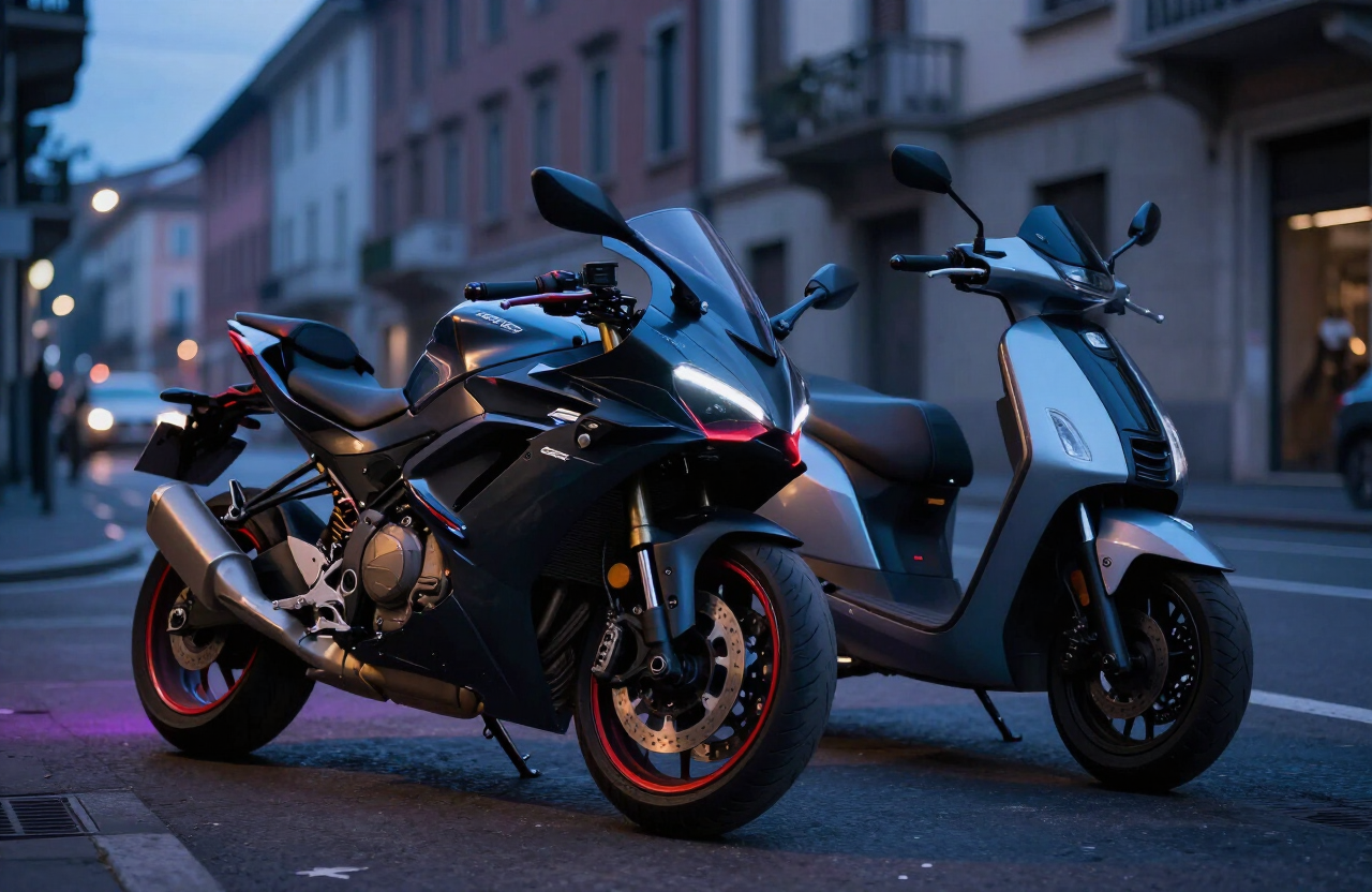 Assurance provisoire moto et scooter — deux-roues assurés en ville au crépuscule
